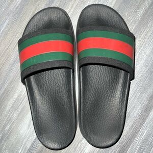Gucci Black Sandals with Red and Green Stripes